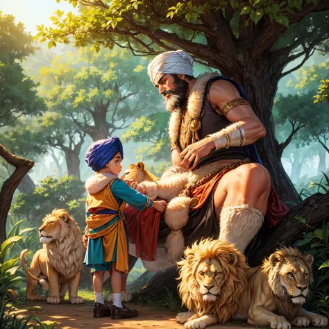 Sikh kids with lion at jungle