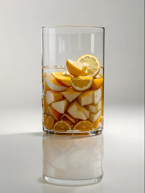 （Best quality，8K，Masterpiece：1.3），NOhumans，Clear glass，There are a lot of sliced pear in it、Oranges cut into cubes, blend, detalhe poderoso, intense detail, on the white background, Clear detail, professional,（Hyper-realistic：1.3）