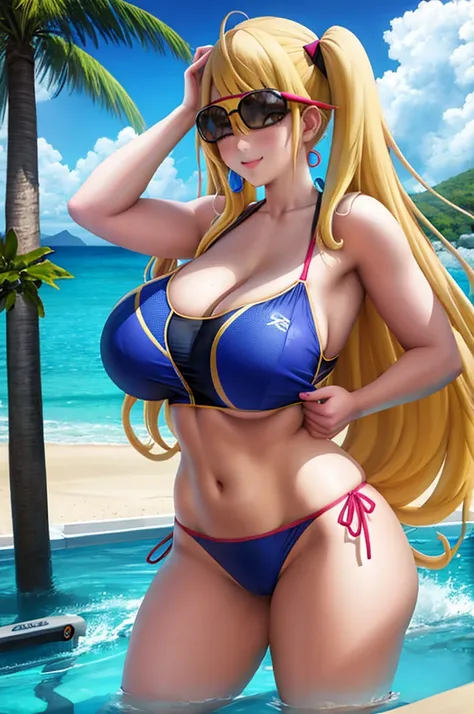 Gigantic breasts, huge breasts, large breasts, pool, ocean, water, eyewear on head, wading, 1girl, sunglasses, beach, poolside, horizon, bikini, boat, swimsuit, breasts, shore, pier, side-tie bikini, day, solo, nail polish, blonde hair, twintails, long hai...