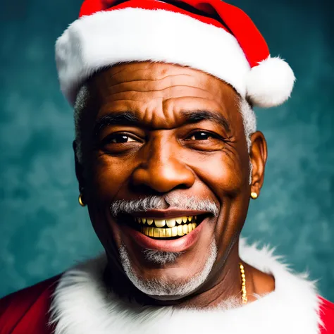 Older Black man Santa Clause with Gold grill mouth