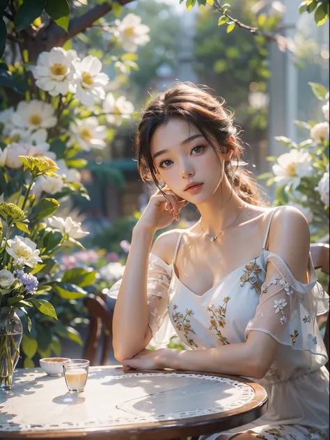 ((A 20-year-old beautiful woman sits comfortably at a table with her elbows bent forward........))8K、An ultra-high picture quality、Ultra-realistic details、3d rendered、Raw photography、slender and large、white see-through dress with plunging neckline、Beautifu...