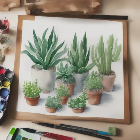 succulent sketch,potted plant_((succulents)),agave,watercolor paiting,​masterpiece,awardwinning