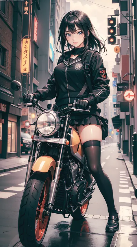 (masterpiece, best quality, ultra-detailed, 8k wallpaper), 1 girl, curvaceous but slender body, solo, jacket, school uniform, serafuku, thighhighs, wearing gloves, wearing backpack, black hair, black eyes, cyberpunk, street, machinery, motor vehicle, motor...