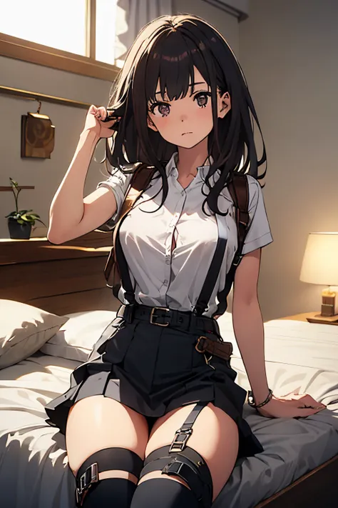 ​masterpiece、flat-colors、depth of fields、lens flare 1 girl、、Brown hair、watching at viewers　　　black suspenders　　　Bulging big breasts　　 　 　　　walls: 　Black miniskirt　garters　　　　　　Gaze　　　Small face　bangss 　　　holster　　a belt 　Beautuful Women　srestrained　hands u...