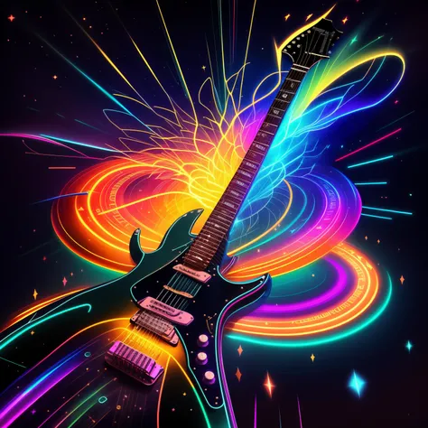 electric guitar，Guitar instruments，complete guitar，light speed，superspeed，starry sky note element，with dynamism，neonlight，Extreme rainbow flow：：4 lighting，High resolution 8K，super detailing，complexdetails，cinmatic lighting：：1，--ar9:16，--V5