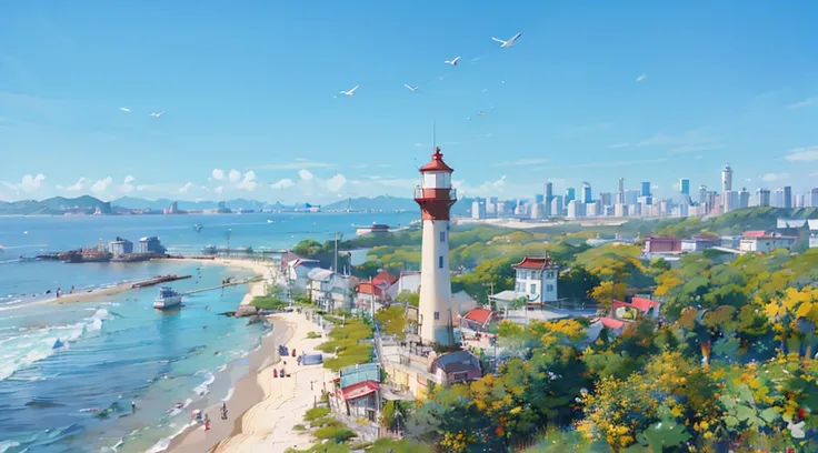 lighthouse on the beach，The background is a city, shenzhen, lighthouse, 8K, Sunnyday, view above, lighthouse, Seafront, birds eyes view, Faraway view, Sunnyday, from the distance, looking from above, down view, full view, Brightly colored trees, bigger