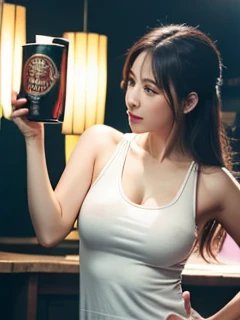 Best Quality、Raw photo、profetional lighting、Top image quality、​masterpiece、Live-action depiction、The background is of the best quality、The background is professional lighting、Asian Beauty、Black eyes、Have a beer、Clothes are tank tops、Squeaky body、breasts ar...