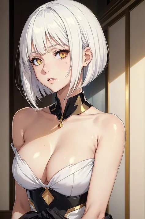 ((sexy girl)), ((young_adult_face)), (glowing golden eyes), anime girl, gradient (white hair), asymmetrical bob haircut, bob haircut, (shiny skin), white_hair, solo, rating:questionable, indoors, ❤ love, beautiful, ((masterpiece))