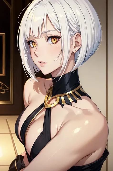 ((sexy girl)), ((young_adult_face)), (glowing golden eyes), anime girl, gradient (white hair), asymmetrical bob haircut, bob haircut, (shiny skin), white_hair, solo, rating:questionable, indoors, ❤ love, beautiful, ((masterpiece))