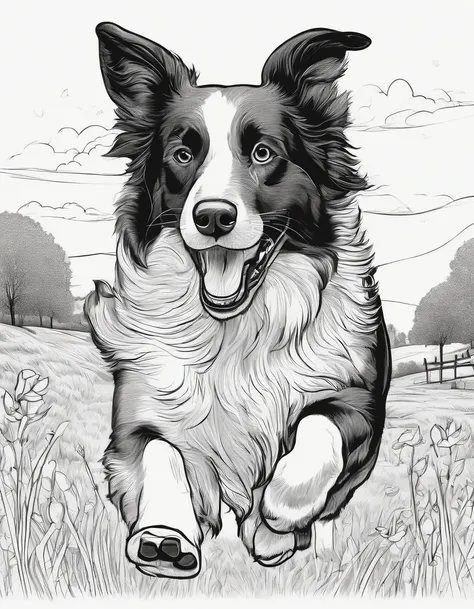 Border Collie running in a field, for coloring page, high quality, black and white, no shading, line art