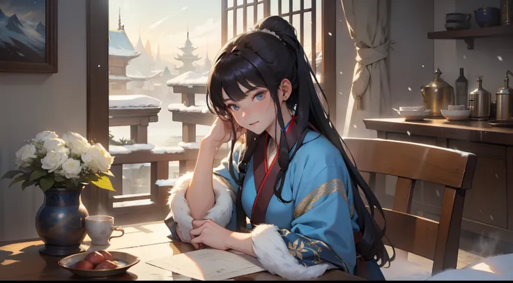 One wearing blue clothes，long, floated hair、Alpha image of a woman with beautiful hairstyle，palaces，A girl in Hanfu，Very popular on cgstation，Guviz-style artwork，Guwitz，Inspired by Du Qiong，Inspired by Ma Yuanyu，8K）），Cold winter，winter solstice，Wear thick ...