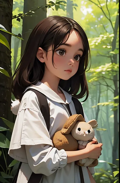 jovem menina bagunceira de cabelos longos e cacheados castanhos, com roupas simples, brown eyes holding a dirty stuffed bunny in a medieval forest