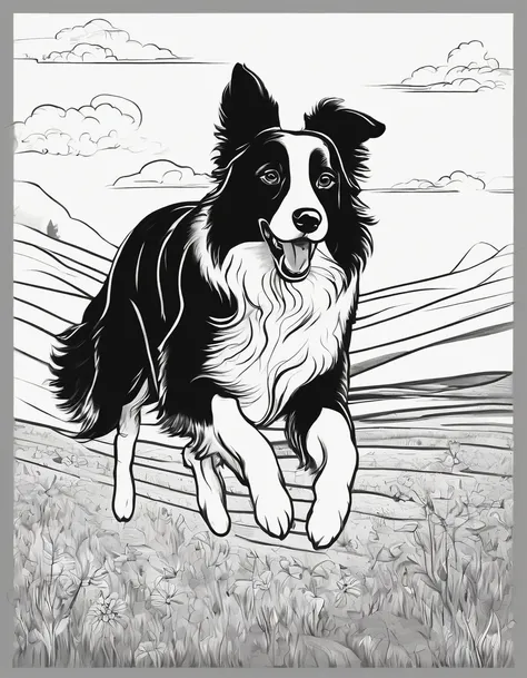 Border Collie running in a field, for coloring page, high quality, black and white, no shading, line art