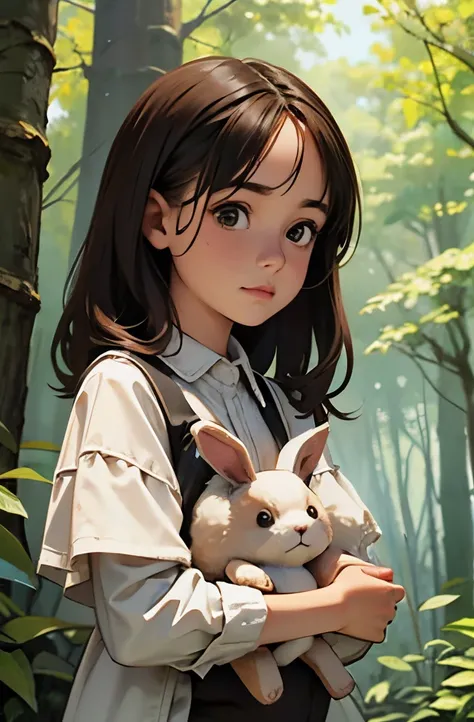 jovem menina bagunceira de cabelos longos e cacheados castanhos, com roupas simples, brown eyes holding a dirty stuffed bunny in a medieval forest