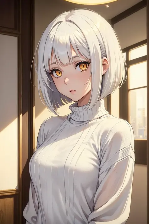 ((sexy girl)), ((young_adult_face)), (glowing golden eyes), anime girl, gradient (white hair), asymmetrical bob haircut, bob haircut, asymmetrical hair, (shiny skin), white_hair, solo, rating:questionable, indoors, ❤ love, beautiful, ((masterpiece)), weari...