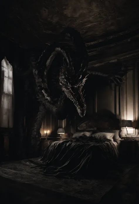 3d render, (masterpiece:1. 3), (8k, photorealistic, RAW photo, best quality: 1. 4), Shadow dark silhouette of a giant huge oversized scary angry Hydra terminate, a girl sleeping in a bed in a bedroom, rococo style, candlelight