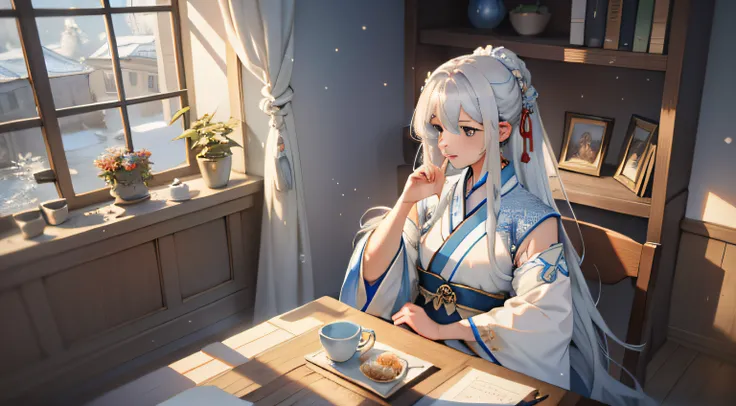 One dressed in blue，long, Flowing white hair、Alpha image of a woman with beautiful hairstyle，palaces，A girl in Hanfu，Very popular on cgstation，Guviz style artwork，Guwitz，Inspired by Du Qiong，Inspired by Ma Yuanyu，8K）），Cold winter，winter solstice，Wear thick...