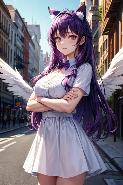 Top quality, high resolution, perfect human structure, background focus, front view, purple hair, shiny hair, cat ears, crossed arms, french braid, crazy eyes, angel, angel cosplay, bright