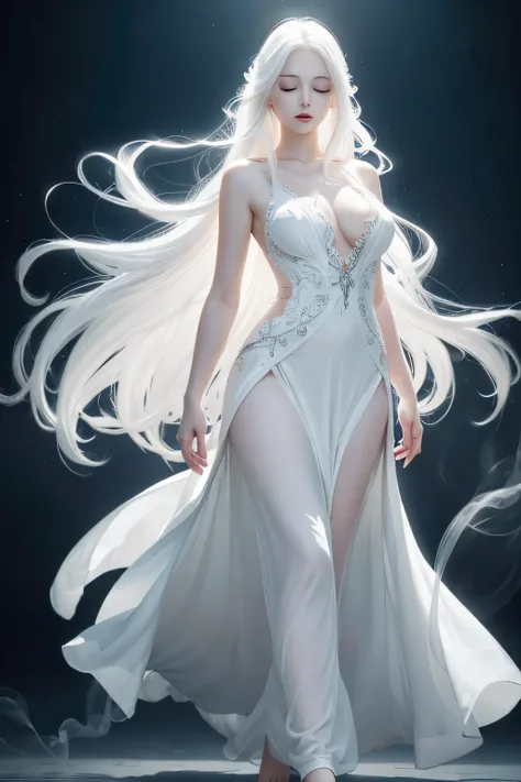 (best quality, HD:1.2), ultra-detailed, (realistic:1.37), beautiful girl with angelic face, elegant white long dress, long floating white hair, pale skin, closed eyes, pale lips, big breasts, bare feet, smoke mist background, soft lighting