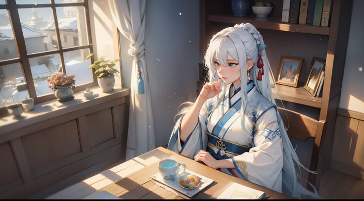 One dressed in blue，long, Flowing white hair、Alpha image of a woman with beautiful hairstyle，palaces，A girl in Hanfu，Very popular on cgstation，Guviz style artwork，Guwitz，Inspired by Du Qiong，Inspired by Ma Yuanyu，8K）），Cold winter，winter solstice，Wear thick...