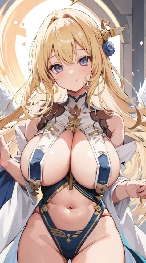 anime illustration blonde gal holy knight android castle in the sky sensual large sword giant mechanical wings、Plump body、Colossal tits、Anatomically correct human body、Star pupil、Archaic Smile、seminude、Reveal madness