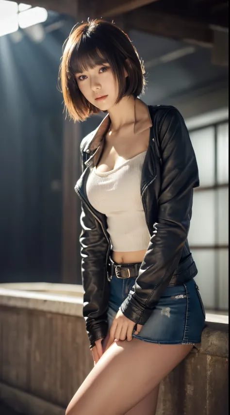 1girl,(wearing a leather jacket over a tube top :1.2),(leather miniskirt:1.2),(leather boots:1.2),(RAW photo, best quality), (realistic, photo-realistic:1.4), (full body:1.2),masterpiece,Attractive Japan Woman Pictures, an extremely delicate and beautiful,...