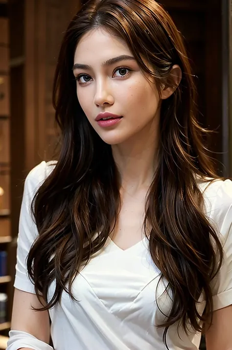 Photoreal of a supermodels with full detailed eyes, white shirt in Harvard Library, long wavy hair:1.2, slender body. Gorgeous Super model in her 25s with full eyes, perfect face, brown detailed hair, with detailed face and detailed body, detailed skin, po...