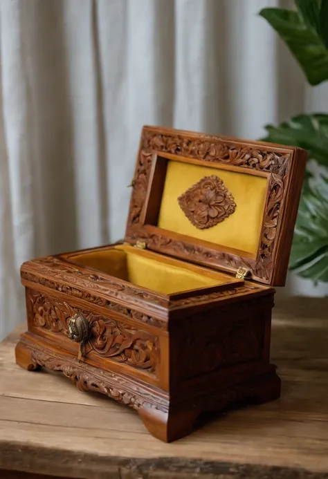 A photo of a beautifully carved wooden jewelry box with intricate floral designs and a hidden compartment.,original,He has a long white beard and is close to 70 years old. He wear wore rimmed glasses and a yellow safety hat at all times