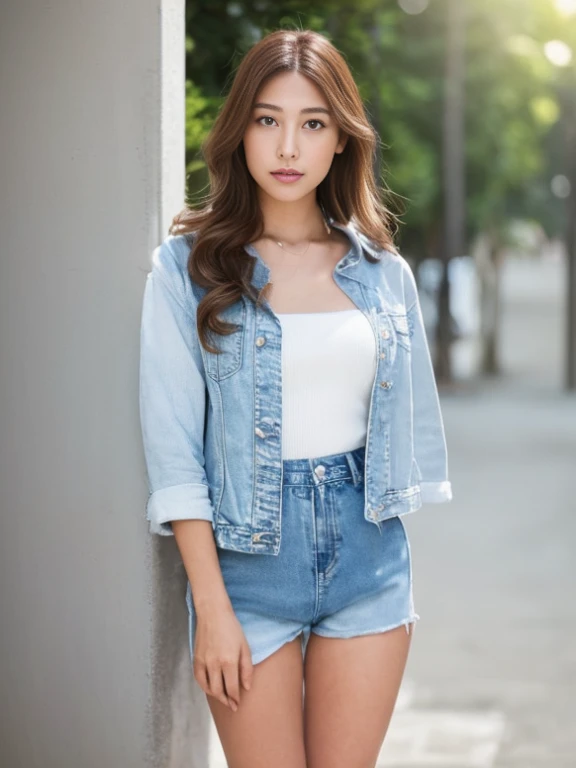 woman posing for a photo wearing a white top and blue denim shorts, wearing a jeans jackets, close up half body shot, wearing de...