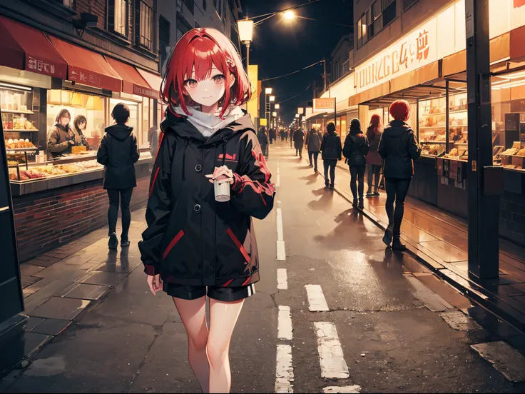 (((masterpiece)))、(((best quality)))、(((4k)))、(((8k)))、modern day、Girl walking in the city at night、1人、red hairs、Brown eyes、Beautiful eyes、Shining eyes、a smile、parka、shorts、espadrilles、natta、buliding、Beautiful lines、moonlights