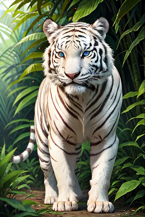 white tiger, blue eyes, in the jungle, like a painting, detailed, 64k res