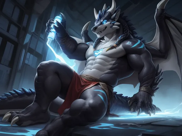 Solo, Male, (Muscular), sacrifices, (male anthro wolf):1.3, White flesh，nakeness，divinity，Experimental subjects, bulgr under loincloth, Evil God (Kamimei):1.3, (komono:1.4) , Detailed eyes, lizard tail,A pair of dragon horns, A pair of dragon wings，Slim st...