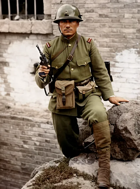 arafed soldier in uniform sitting on a rock with a gun, japan soldier in world war 2, colourized, colorized, wearing russian ww ...