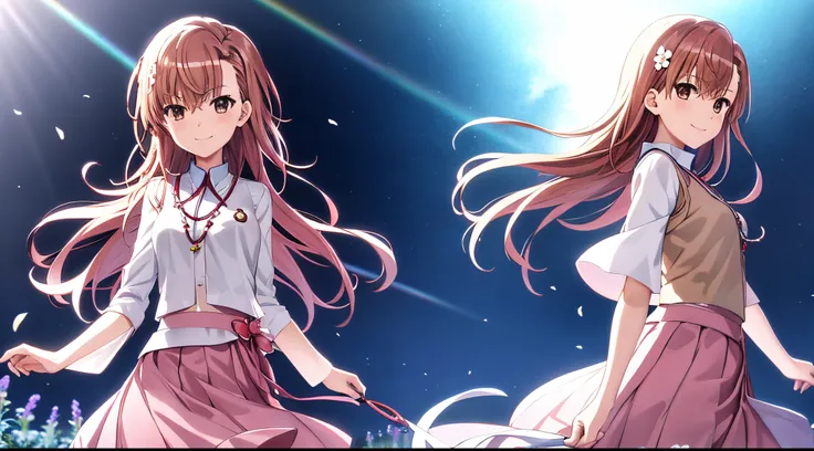 Anime view of Misaka mikoto, 1girl, teen girl, kawaii, solo, chestnut hair, hairpin,brown eyes, standing, looking at viewer,smile,arabian cloth,praying beads on neck, long skirt,flower fields in greek Acropolis waterfalls,rainbow clouds,anime style,deep de...