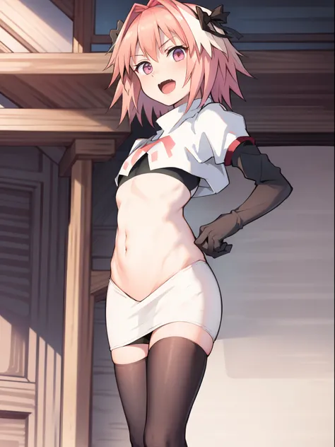 absurdres, masterpiece, best quality, (astolfo fate:1.2155), 1boy, male focus, trap, pink multicolored hair, pink hair, white hair, hair intakes, long hair, pink detailed eyes, crossdressing,1boy, team rocket,team rocket uniform, red letter R, white skirt,...