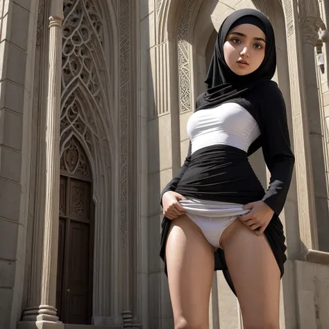 20 year old brunette Muslim religious woman lifts dress and reveals her butthole in front of a religious building