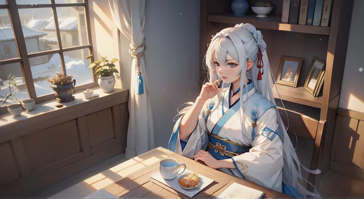 One wearing blue clothes，long, Flowing white hair、Alpha image of a woman with beautiful hairstyle，palaces，A girl in Hanfu，Very popular on cgstation，Guviz-style artwork，Guwitz，Inspired by Du Qiong，Inspired by Ma Yuanyu，8K）），Cold winter，winter solstice，Wear ...