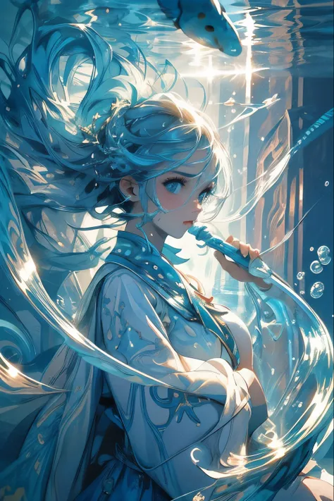 abstract background,(illustration:1),masterpiece,best quality,detailed face and eyes,1 girl,underwater hair physics,air bubbles,light coming through water,reflections,laying in water,split layers of water,school of fish,beauty,