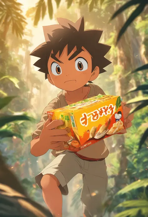 create a photorealistic creative advertising poster of a little malay boy trying to get a box of snack name TORA in the jungle, adventure theme product poster, TORA logo, highlight the product, 50mm lense, establish shot camera angle, High Contrast cinemat...