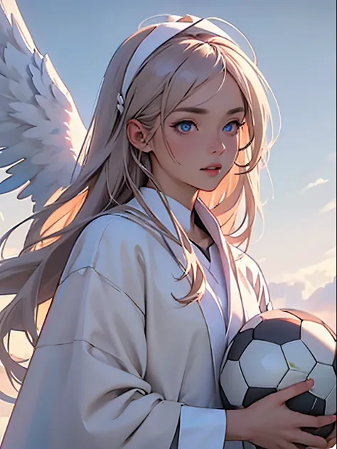 ((RAW photos)), ((tmasterpiece)), Anthropomorphic humanoid angel girl wearing white noble robe, Complicated details, soccer ball, Complex works by Gribors, The sky behind, Pink, Beautiful wings, Detailed eyes and lips