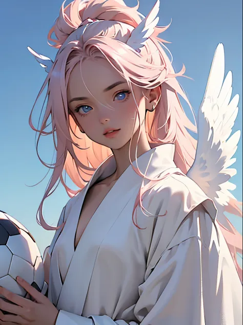 ((raw photogr)), ((tmasterpiece)), anthropomorphic humanoid angel girl wearing white noble robe, complicated details, soccer bal...