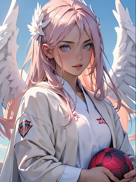 ((RAW photogr)), ((tmasterpiece)), Anthropomorphic humanoid angel girl wearing white noble robe, Complicated details, soccer ball, Complex works by Gribos, The sky behind, Pink, Beautiful wings, Detailed eyes and lips