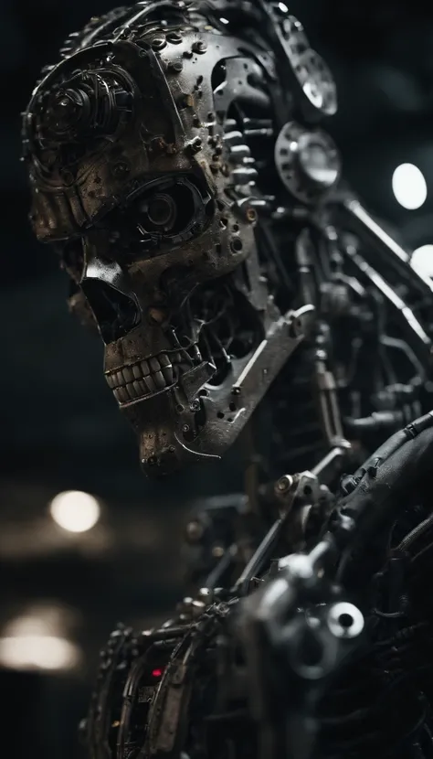 Generate a high quality image in an intricate AI Terminator made out of steel, hydraulics and computer parts, have an extensive eerie background symbolizing an aftermath of war