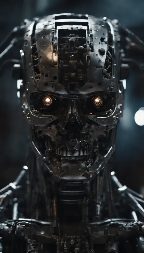 Generate a high quality image in an intricate AI Terminator made out of steel, hydraulics and computer parts, have an extensive eerie background symbolizing an aftermath of war