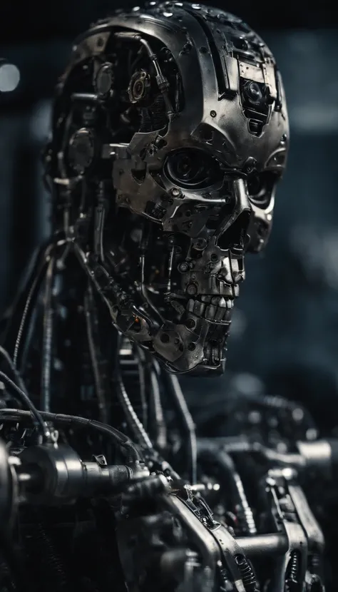 Generate a high quality image in an intricate AI Terminator made out of steel, hydraulics and computer parts, have an extensive eerie background symbolizing an aftermath of war