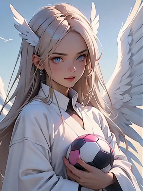 ((RAW photogr)), ((tmasterpiece)), Anthropomorphic humanoid angel girl wearing white noble robe, Complicated details, soccer ball, Complex works by Gribos, The sky behind, Pink, Beautiful wings, Detailed eyes and lips