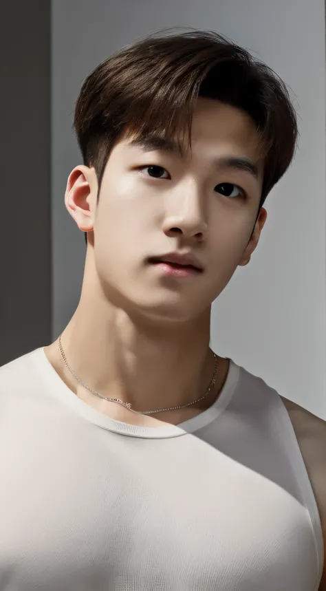 masterpiece, ultra quality, high resolution, 8k, intricate: 1.2), (detailed face:1.2), handsome, Young Korean man ,white skin, double eyelids , detailed skin, 1boy, ((realistic)), wearing tight white tank top , good lighting quality, muscle veins, ((pale s...