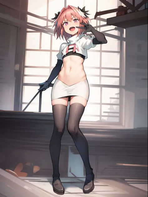 absurdres, masterpiece, best quality, (astolfo fate:1.2155), 1boy, male focus, trap, pink multicolored hair, pink hair, white hair, hair intakes, long hair, pink detailed eyes, crossdressing,1boy, team rocket,team rocket uniform, red letter R, white skirt,...