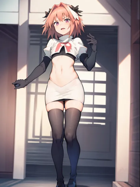 absurdres, masterpiece, best quality, (astolfo fate:1.2155), 1boy, male focus, trap, pink multicolored hair, pink hair, white hair, hair intakes, long hair, pink detailed eyes, crossdressing,1boy, team rocket,team rocket uniform, red letter R, white skirt,...