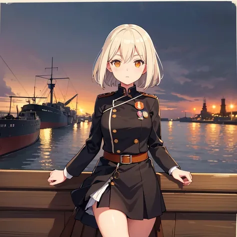 World War 2 Dutch Light cruiser HNLMS De Ruyter but as an anime girl, at the Amsterdam harbor in 1935, short white hair, orange eyes, world war 2 dutch admiral uniform